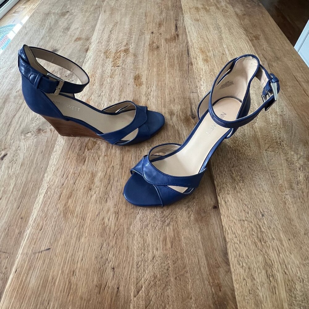 Nine West Blue Wedge Leather Sandals - Size 5.5 M
